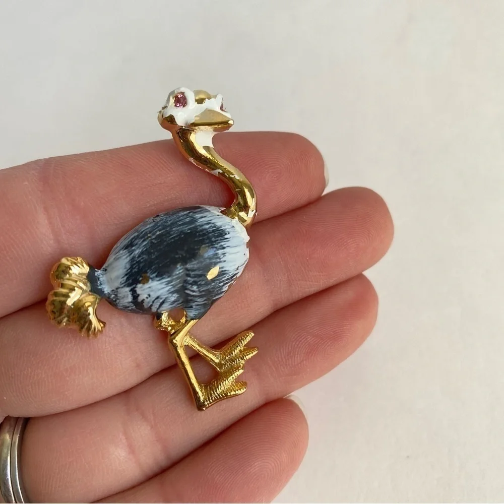 Vintage 60s Gerrys Ostrich Brooch Figural Bird Pin Gold Tone Pink Rhinestone‎